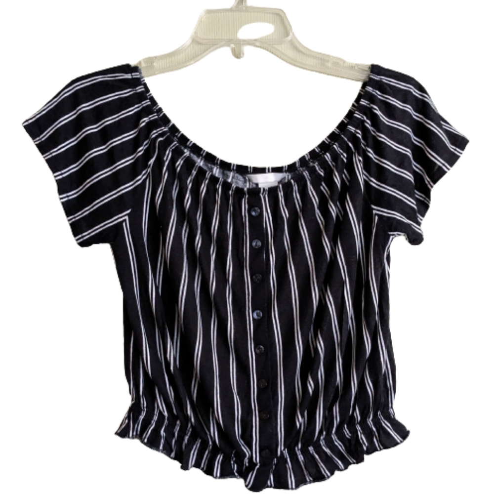 H&M Top Blue White Stripe Off The Shoulder Elastic Waist Cap Sleeves Size S